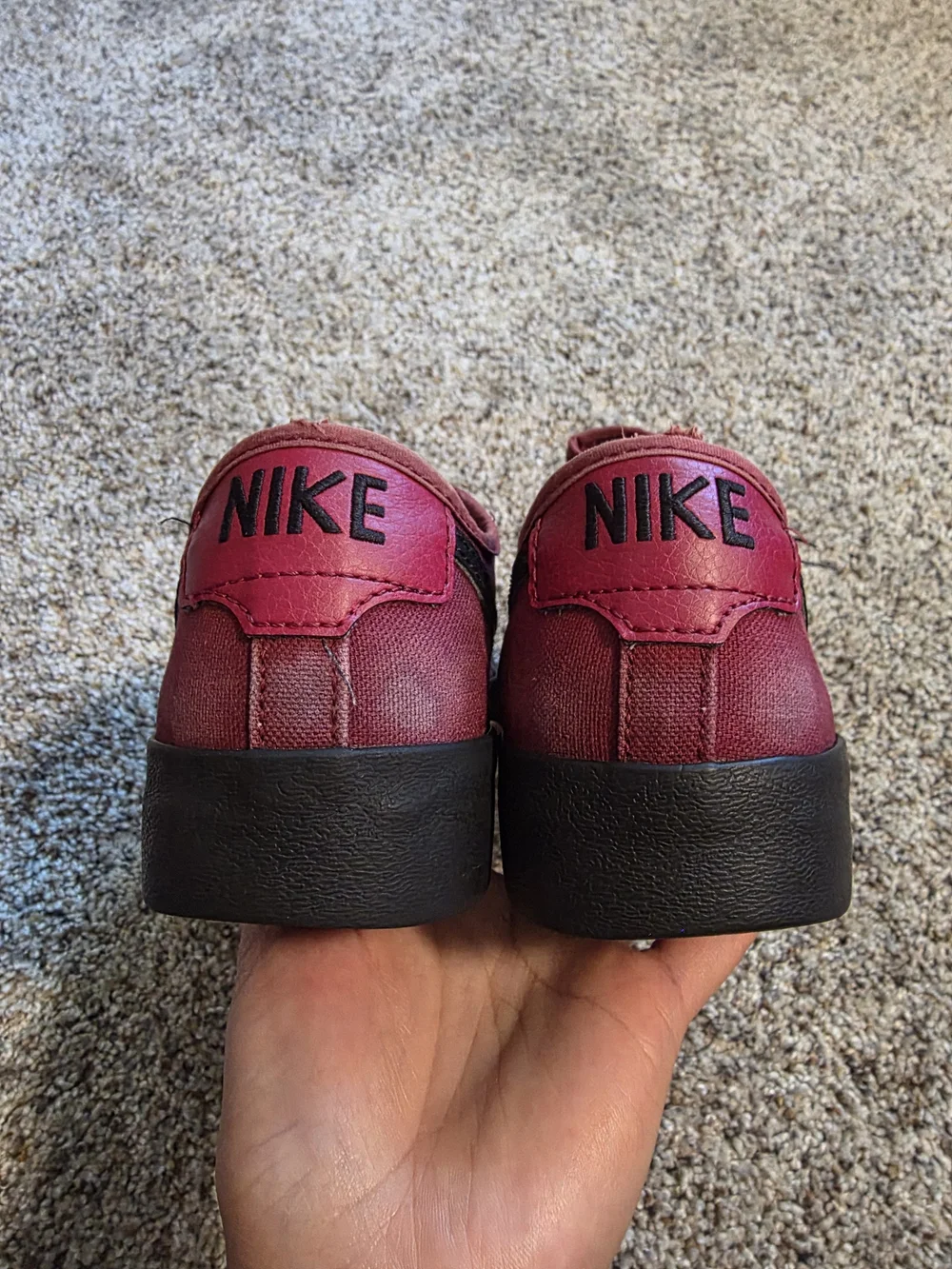Nike Men's SB Blazer Burgundy Canvas Skate Sneakers with Black Swoosh